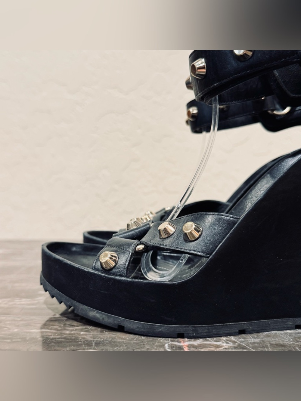 Balenciaga Black Leather Studded Wedge Sandals - Picture 6 of 16